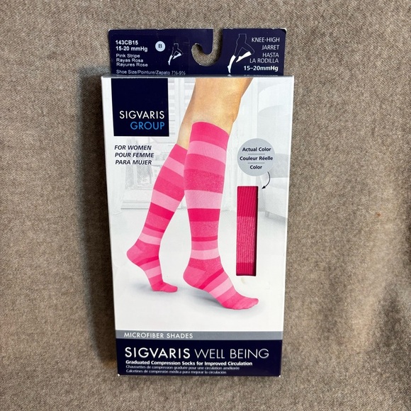 SIGVARIS WELL BEING Sz 7.5-9.5 Pink Stripe Compression Socks 15-20 mm hg NEW - Picture 1 of 8